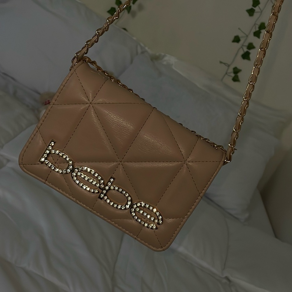Bebe Tan Quilted Crossbody Bag with Chain Strap